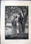Original Old Antique Print Country Scene Man Woman River Tree Romance 1881 19th