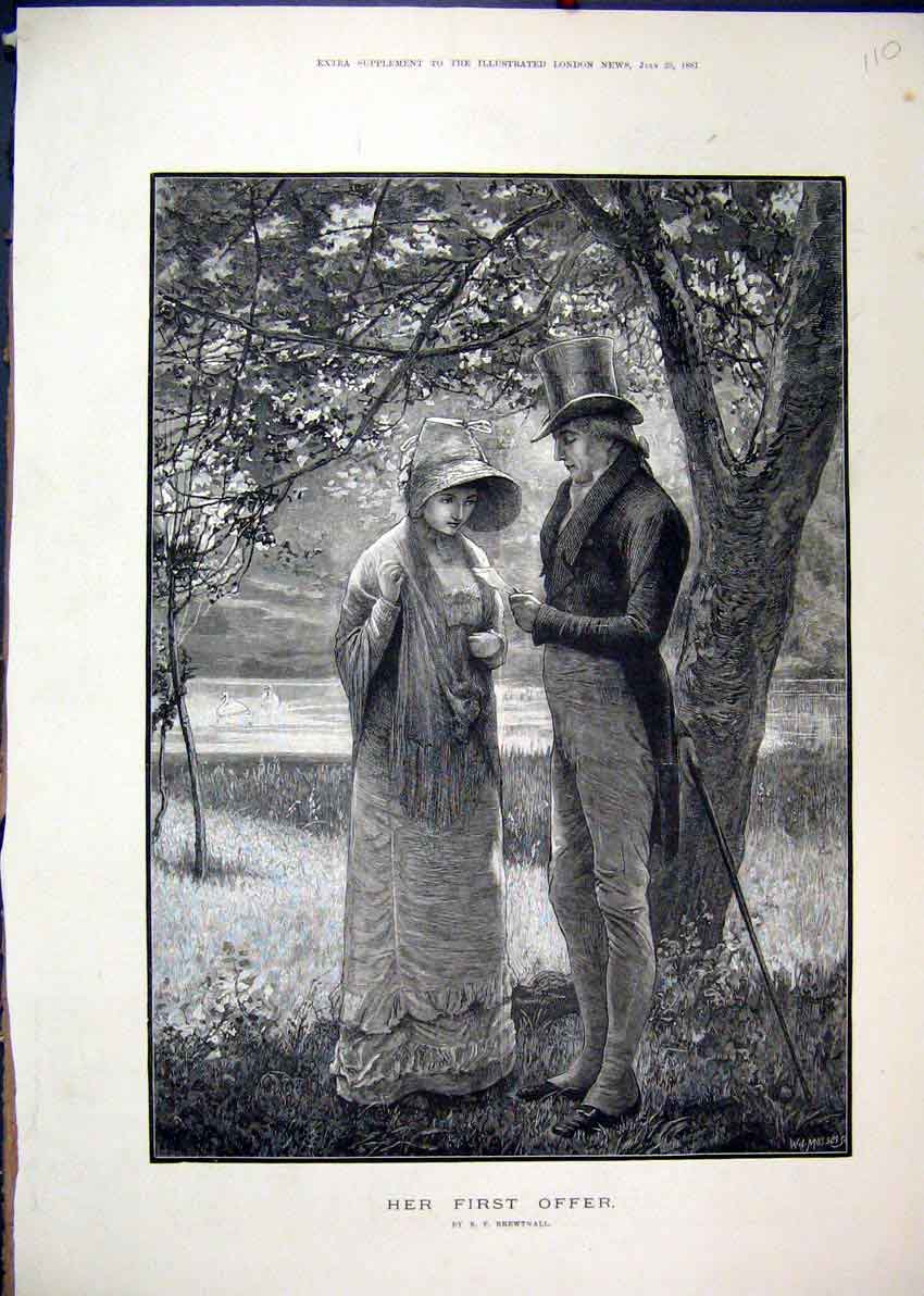 Original Old Antique Print Country Scene Man Woman River Tree Romance 1881 19th
