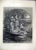 Original Old Antique Print 1881 Happy Days Women River Boat Picking Flowers 19th