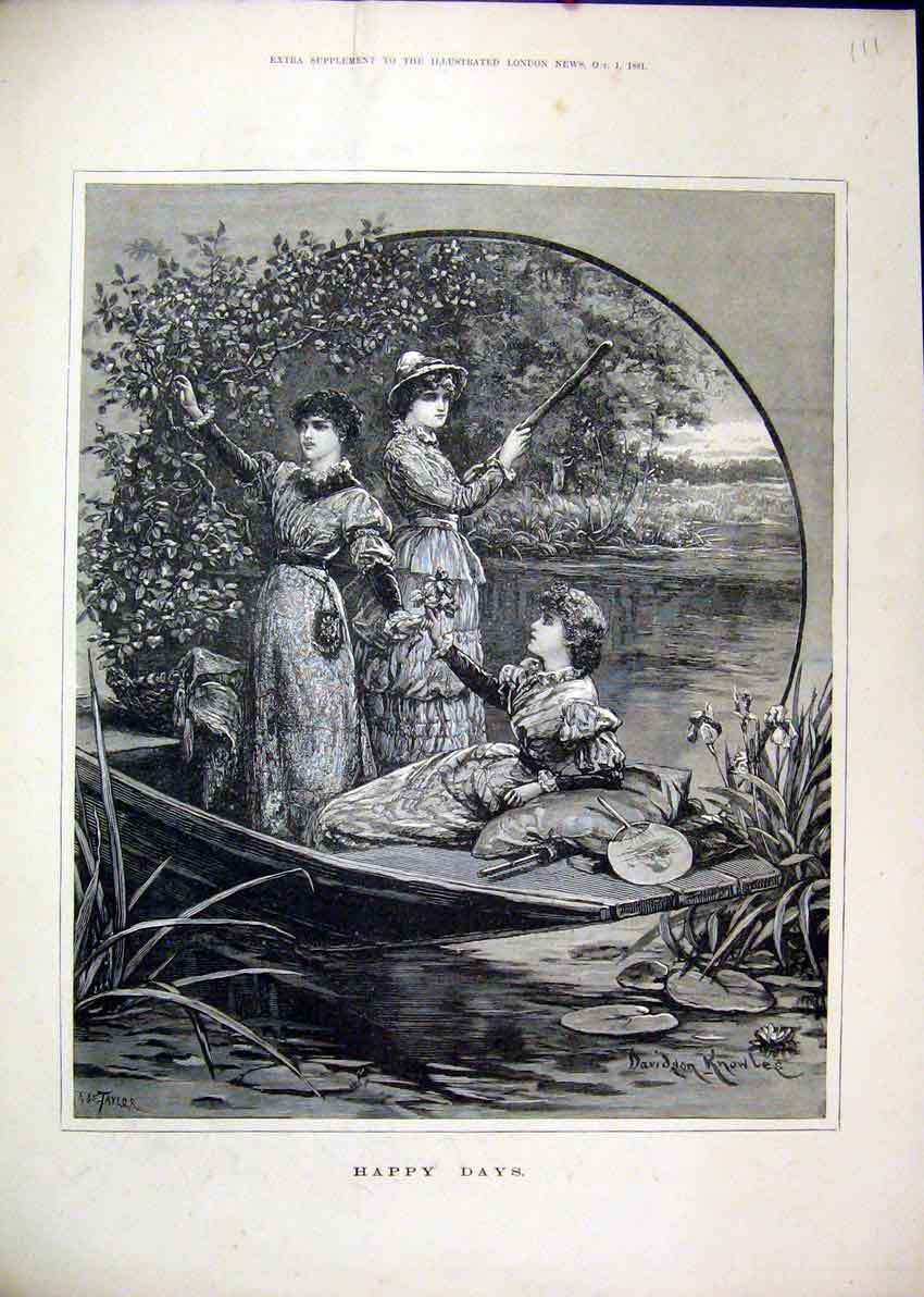 Original Old Antique Print 1881 Happy Days Women River Boat Picking Flowers 19th