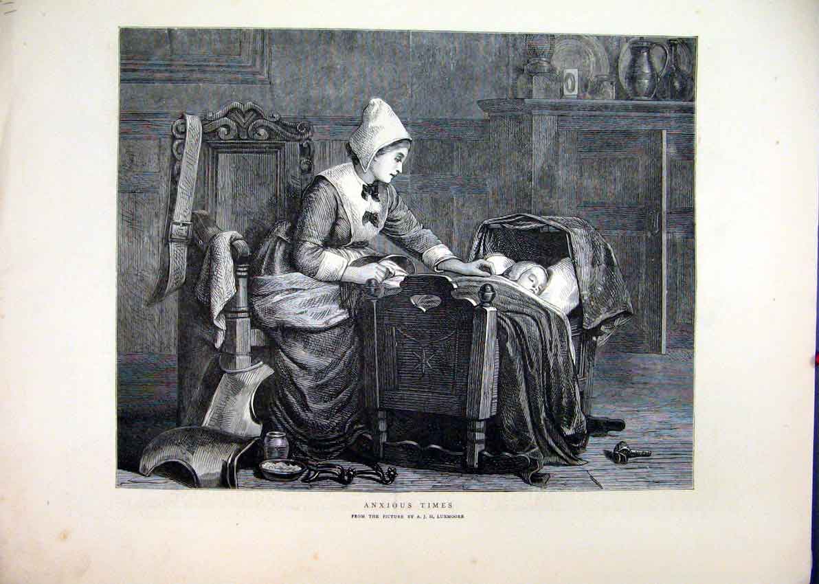 Original Old Antique Print 1871 Nurse Little Baby Cot Sleeping Fine Art 19th