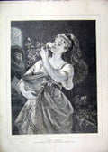 Original Old Antique Print 1875 Beautiful Young Girl Smelling Flowers Academy