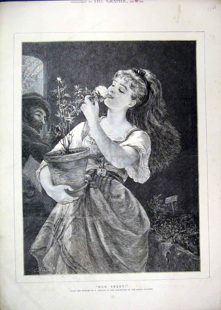 Original Old Antique Print 1875 Beautiful Young Girl Smelling Flowers Academy