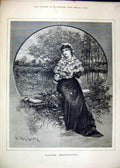 Original Old Antique Print Woman Sitting Lake Picking Flowers 1881 Thoughtfull