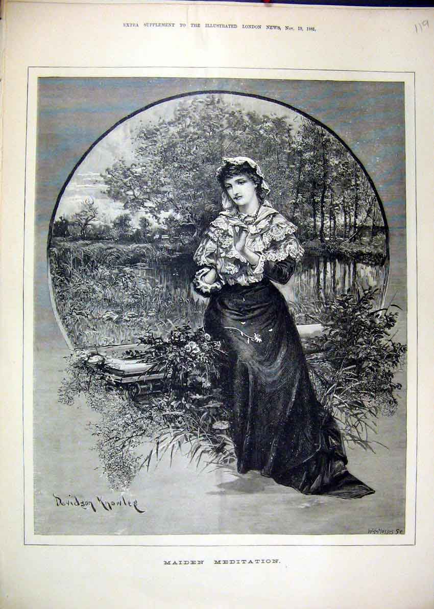 Original Old Antique Print Woman Sitting Lake Picking Flowers 1881 Thoughtfull