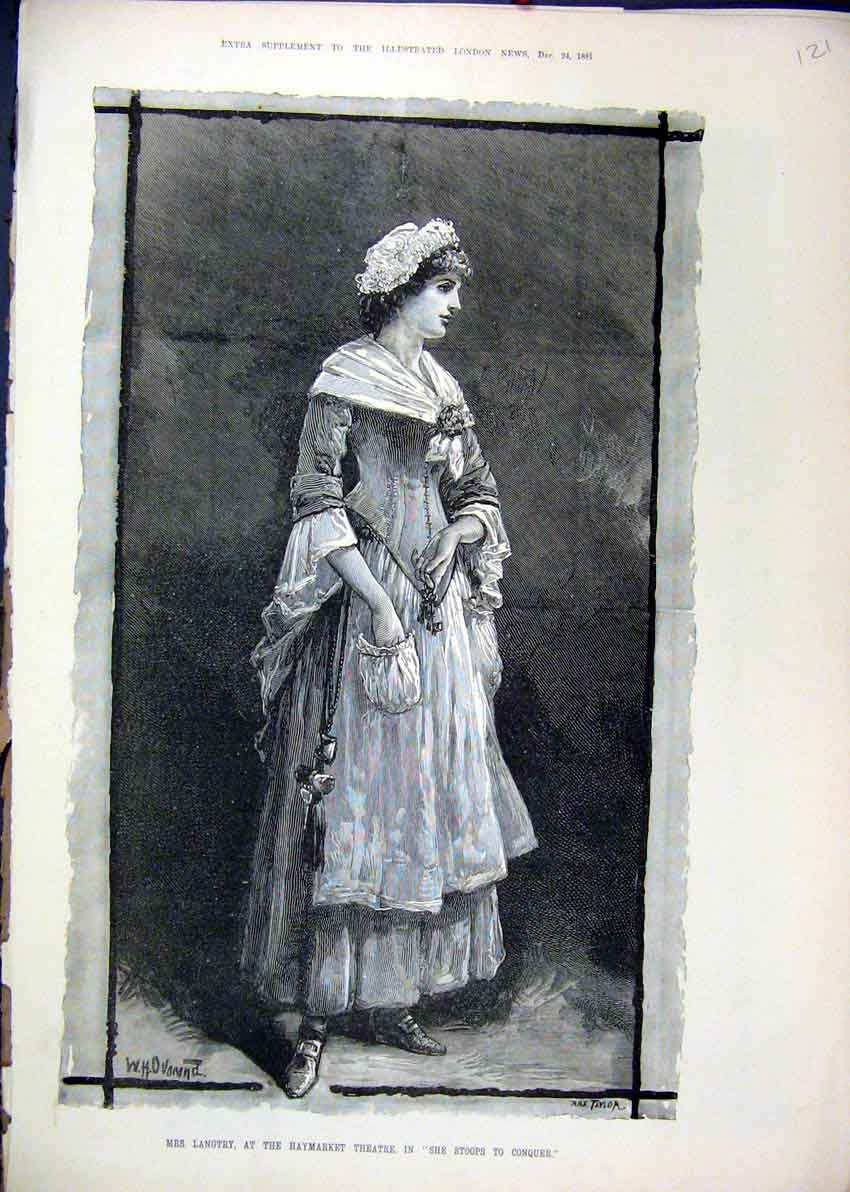 Original Old Antique Print Langtry Haymarket Theatre 1881 Stoops Conquer 19th
