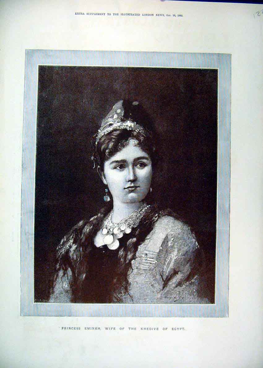 Original Old Antique Print 1882 Sepia Princess Emineh Khedive Egypt Victorian