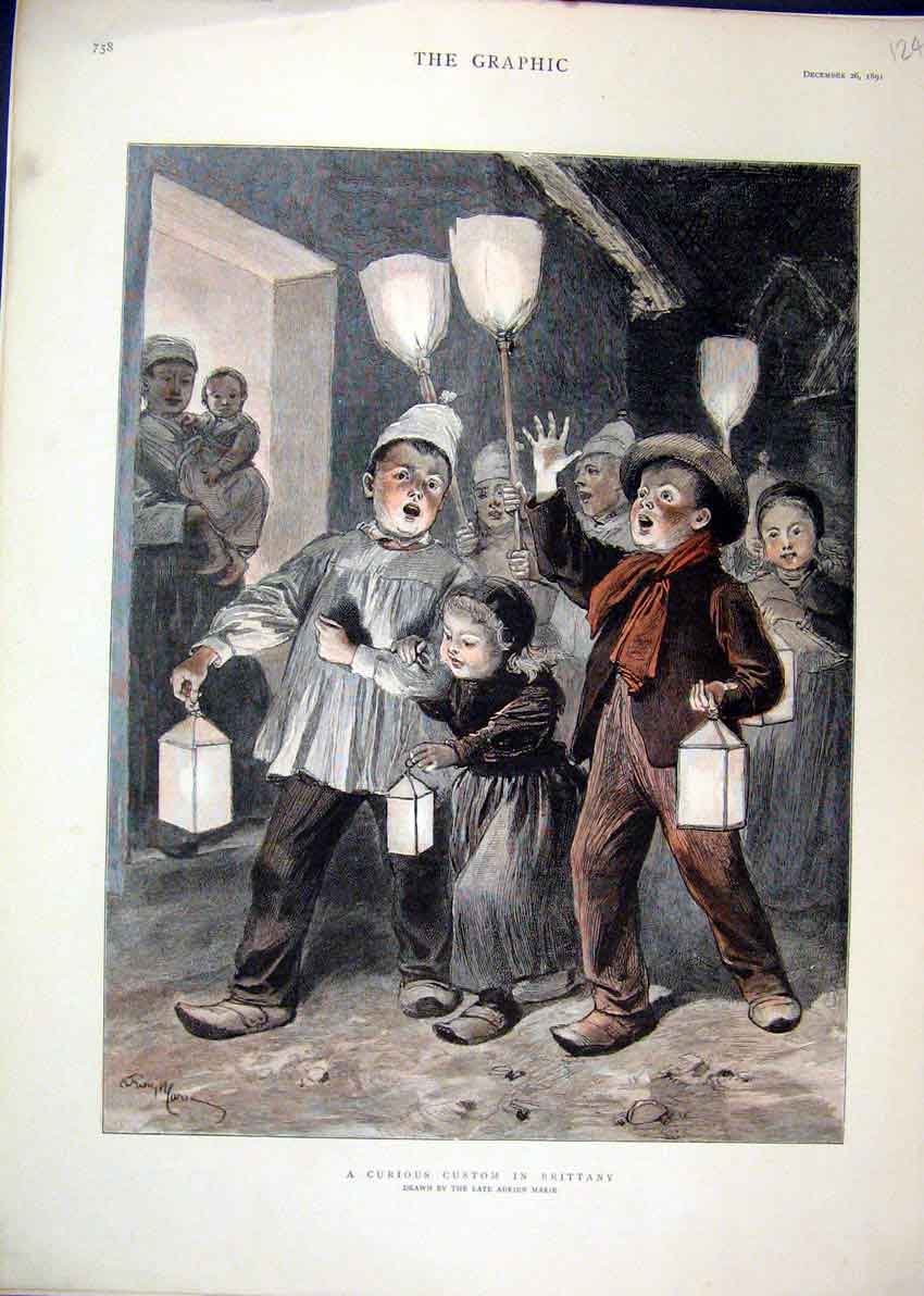Original Old Antique Print Colour Brittany France 1891 Children Singing Door