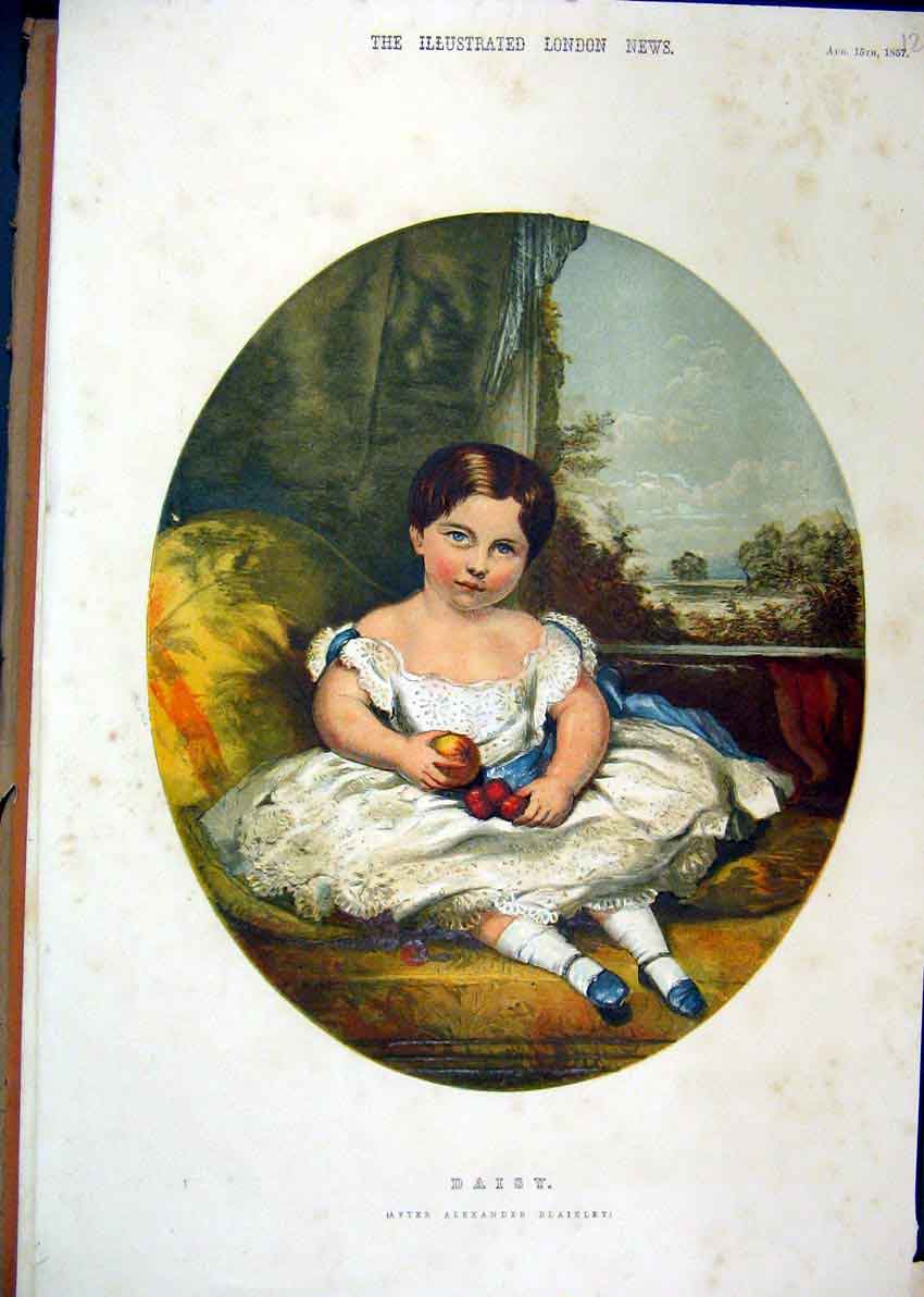 Original Old Antique Print 1857 Colour Portrait Daisy Little Girl Blaikley 19th
