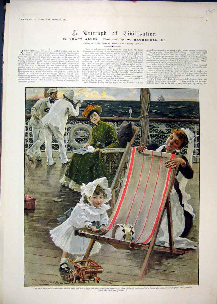 Original Old Antique Print 1894 Colour Ruth Mordaunt Yacht Dungeness Victorian