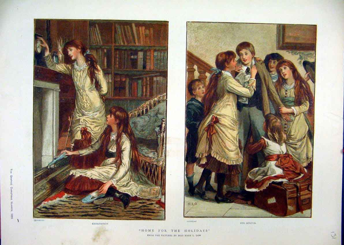 Original Old Antique Print Colour Man Home Holidays Family Scene 1883 Victorian