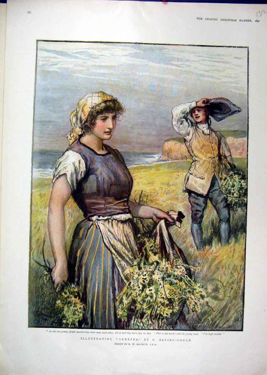 Original Old Antique Print 1897 Colour Woman Man Picking Flowers 19th