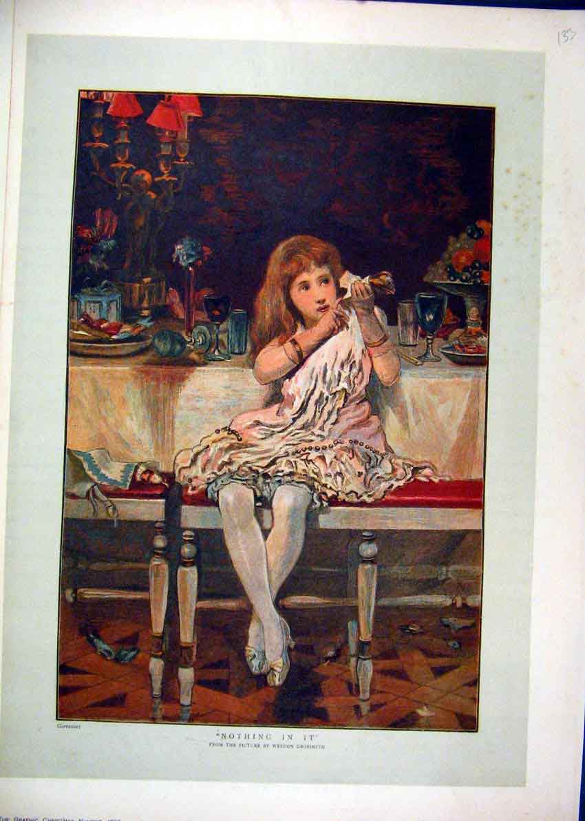 Original Old Antique Print 1886 Colour Little Girl Dinner Table 19th