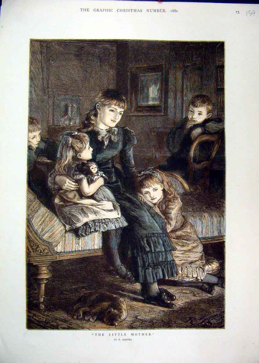 Original Old Antique Print 1880 Colour Young Girls Boys Mother 19th