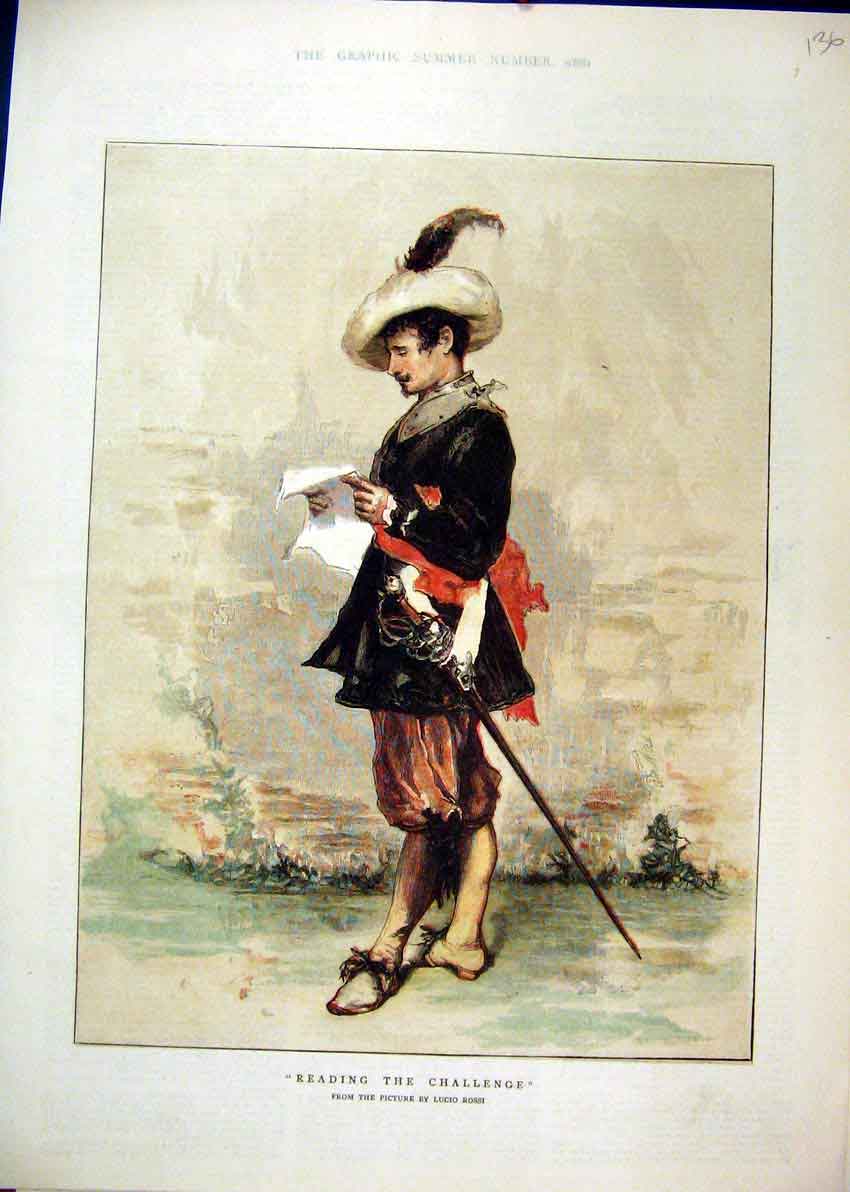 Original Old Antique Print Colour 1882 Swordsman Reading Lucio Rossi Victorian