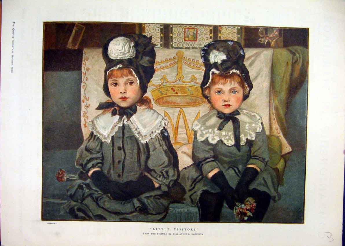 Original Old Antique Print Little Visitors 1883 Colour Young Girls Victorian