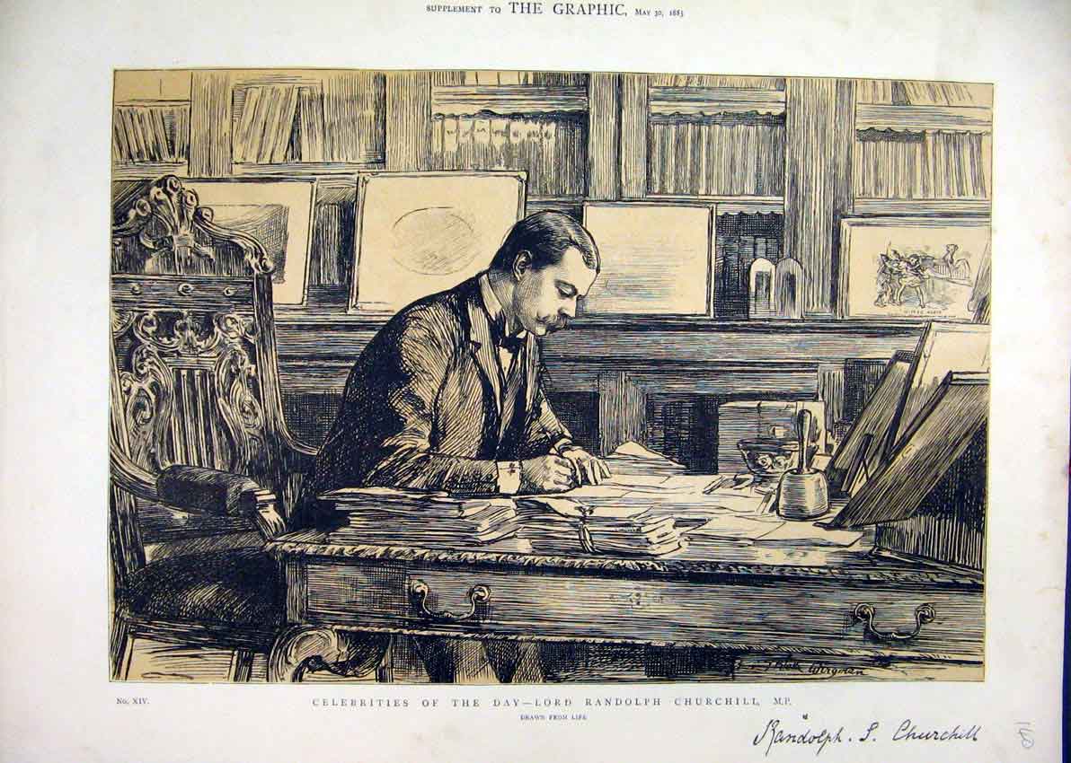 Original Old Antique Print 1885 Sepia Celebrities Lord Randolph Churchill 19th