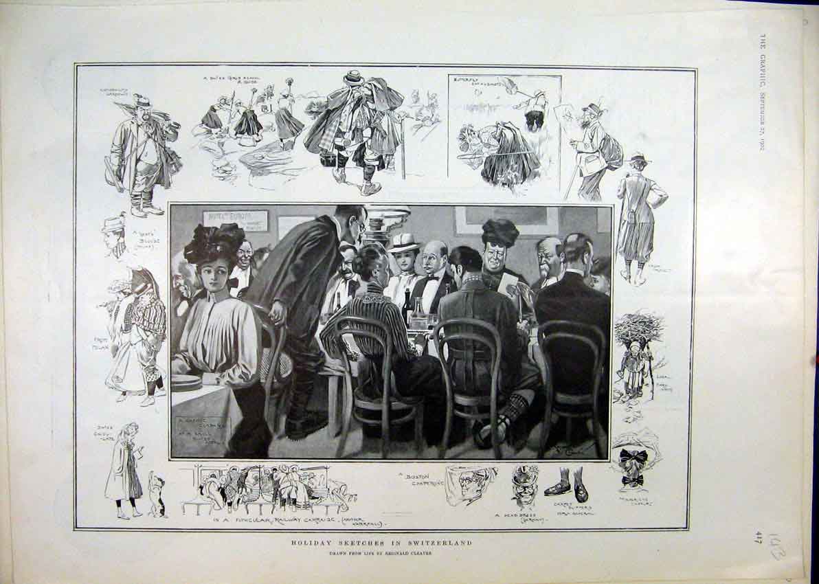 Old Antique Print 1902 Holiday Sketches Switzerland Dinner Party Cleaver 20th