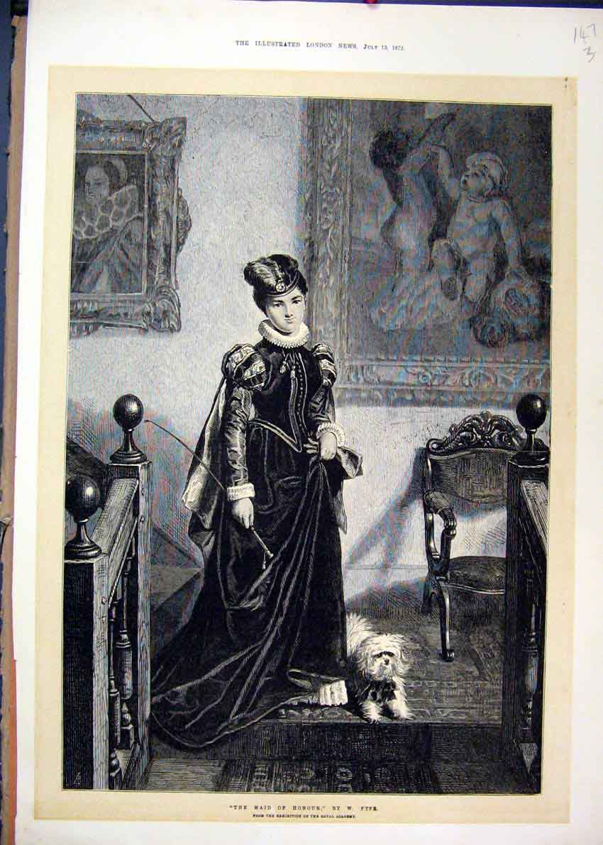 Original Old Antique Print 1872 Maid Honour Woman Dog Fine Art 19th