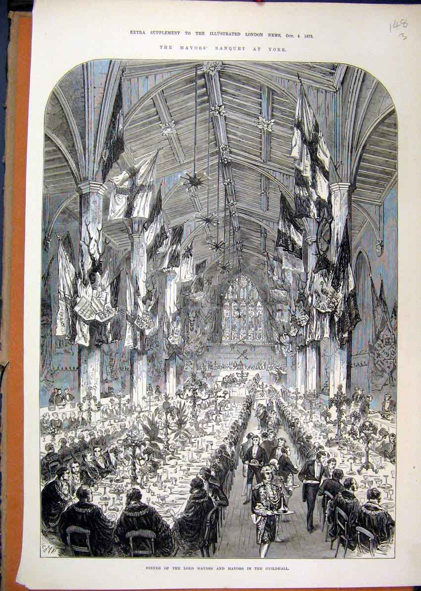 Original Old Antique Print 1873 Mayor Banquet York Dinner Guildhall Victorian