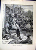 Original Old Antique Print Piping Times Peace 1881 Man Children Dog Garden 19th
