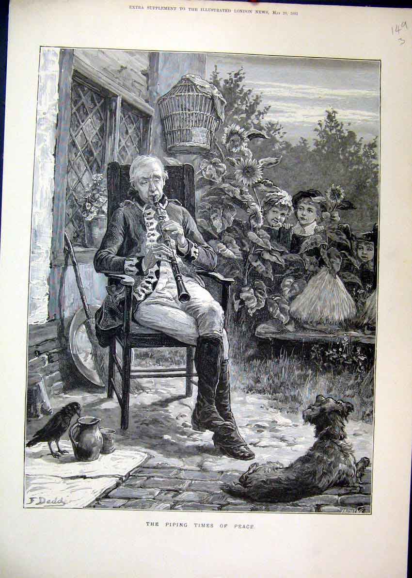 Original Old Antique Print Piping Times Peace 1881 Man Children Dog Garden 19th