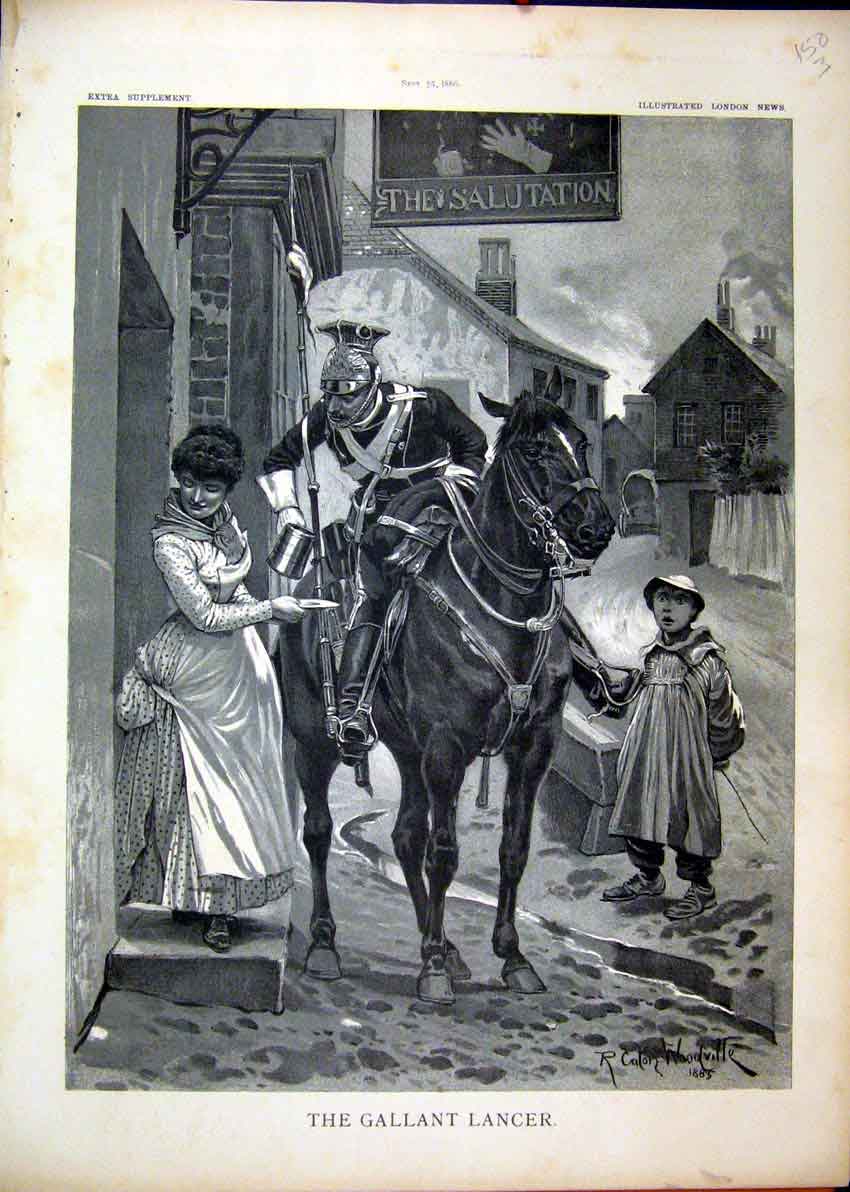Original Old Antique Print 1886 Gallant Lancer Sier Horse Boy Mother Fine Art