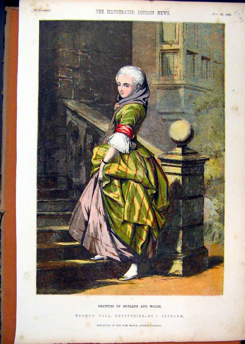 Original Old Antique Print 1856 Colour Haddon Hall Derbyshire Woman Beauty 19th