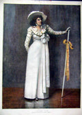 Original Old Antique Print Portrait Woman Dress Hat Stick C1800 Colour 19th