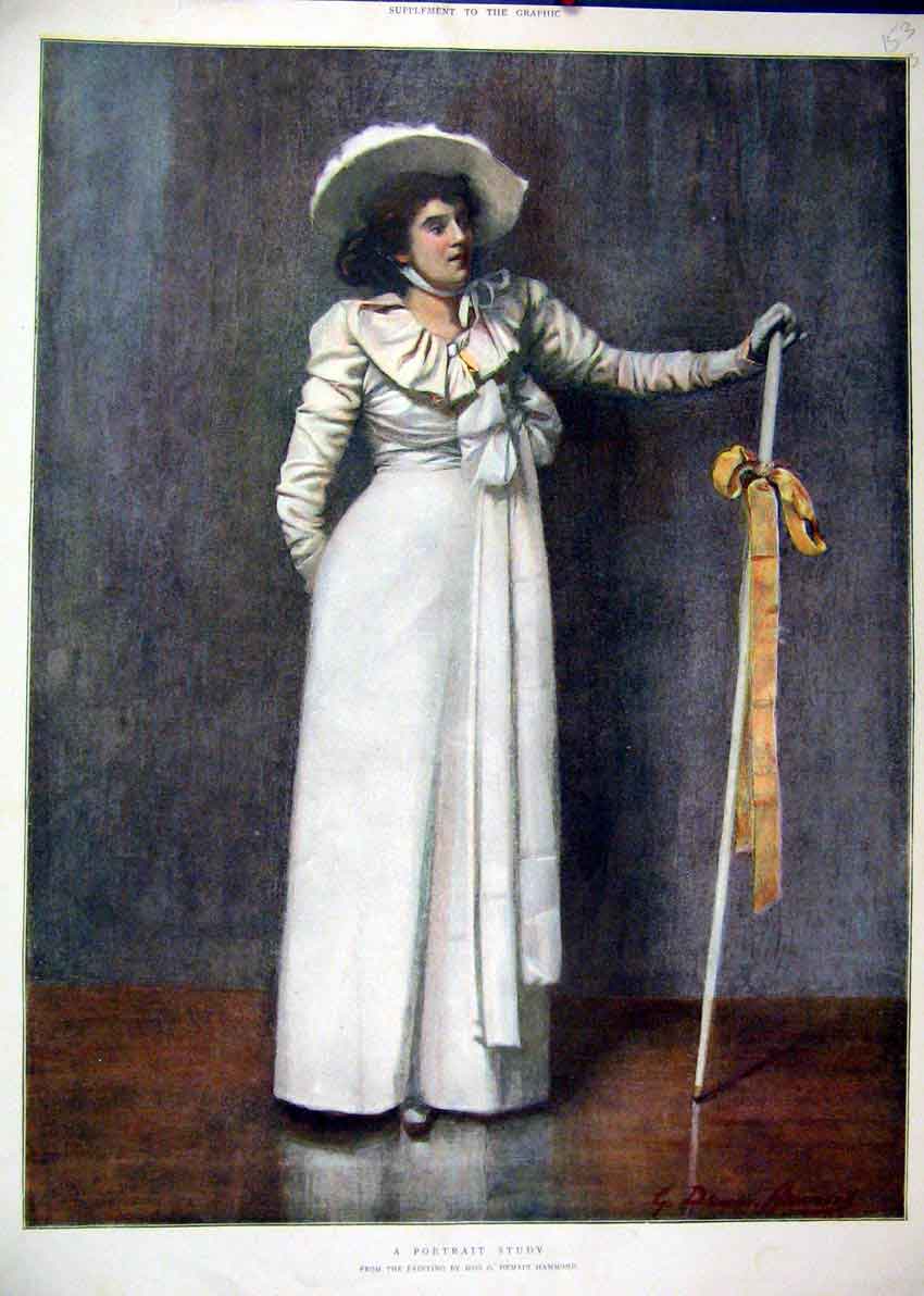 Original Old Antique Print Portrait Woman Dress Hat Stick C1800 Colour 19th