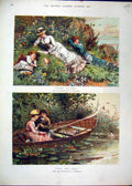 Original Old Antique Print 1882 Colour Woman Children Man Fishing Romance 19th