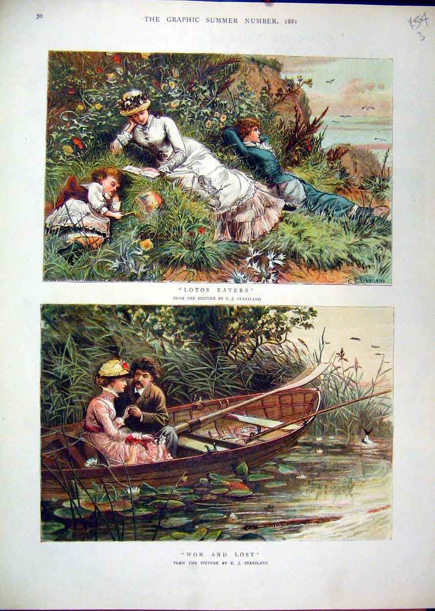 Original Old Antique Print 1882 Colour Woman Children Man Fishing Romance 19th