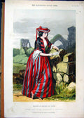 Original Old Antique Print Colour 1856 Beautiful Woman Ruins Sussex England 19th