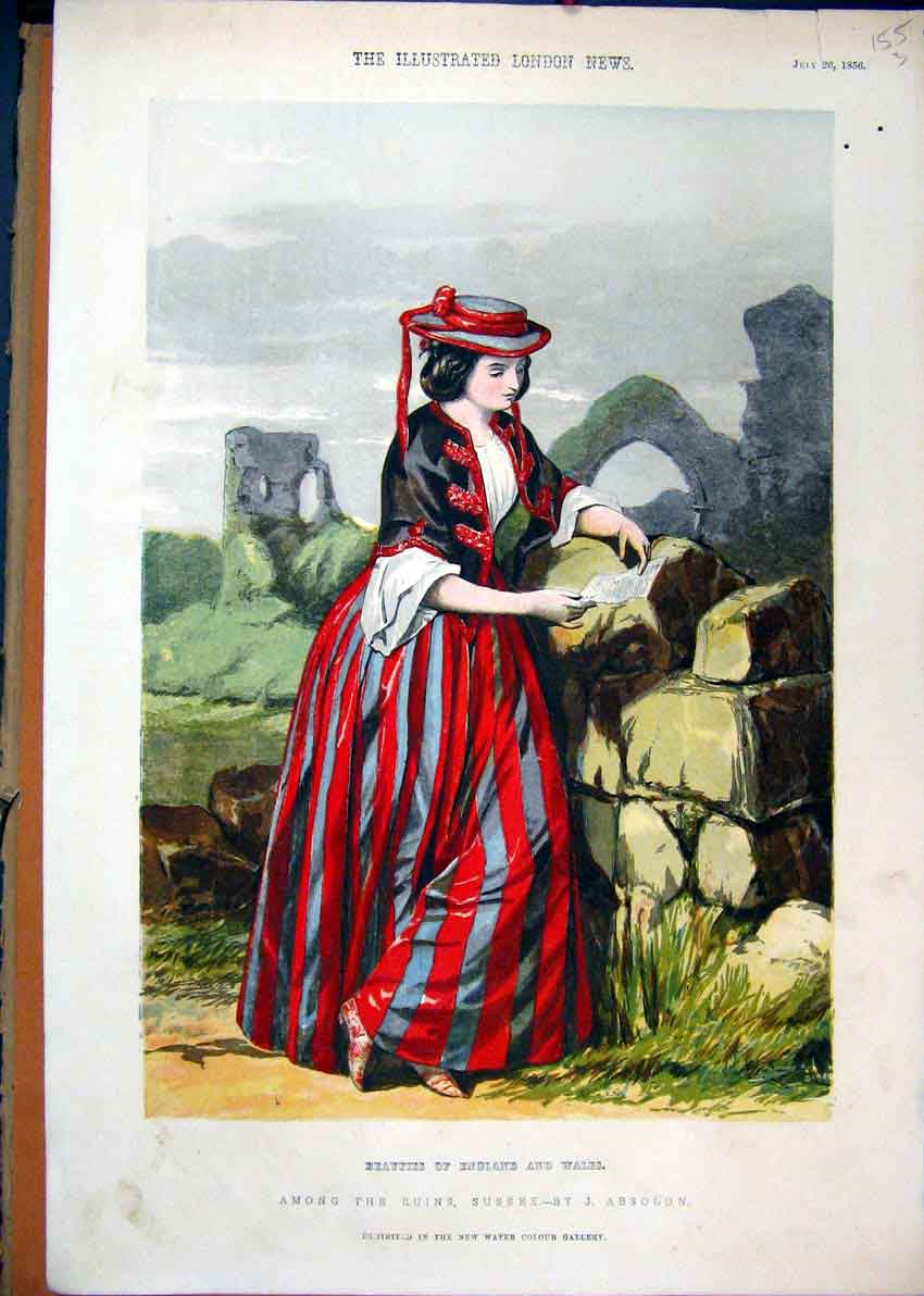 Original Old Antique Print Colour 1856 Beautiful Woman Ruins Sussex England 19th