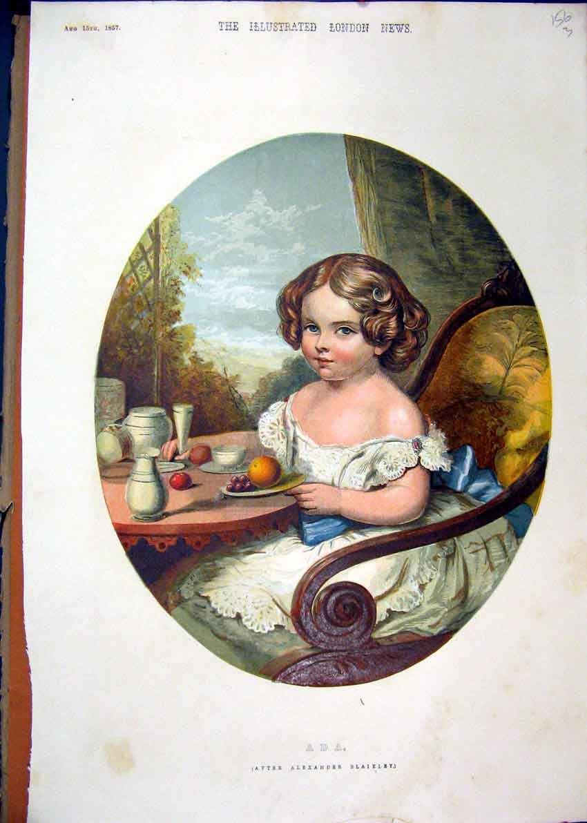 Original Old Antique Print 1857 Colour Beautiful Little Girl Ada Blaikley 19th