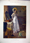 Original Old Antique Print 1881 Colour Beautiful Woman Dressing Table Victorian