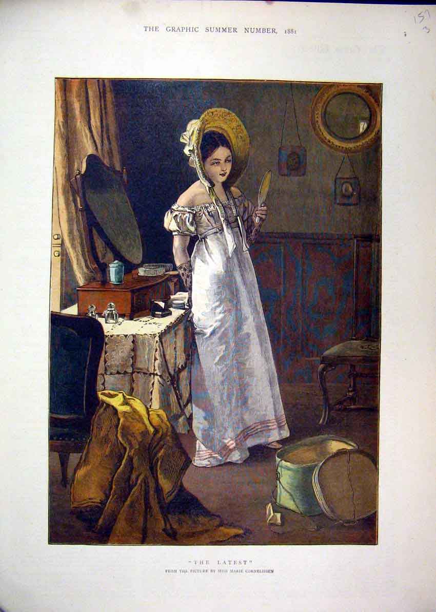 Original Old Antique Print 1881 Colour Beautiful Woman Dressing Table Victorian