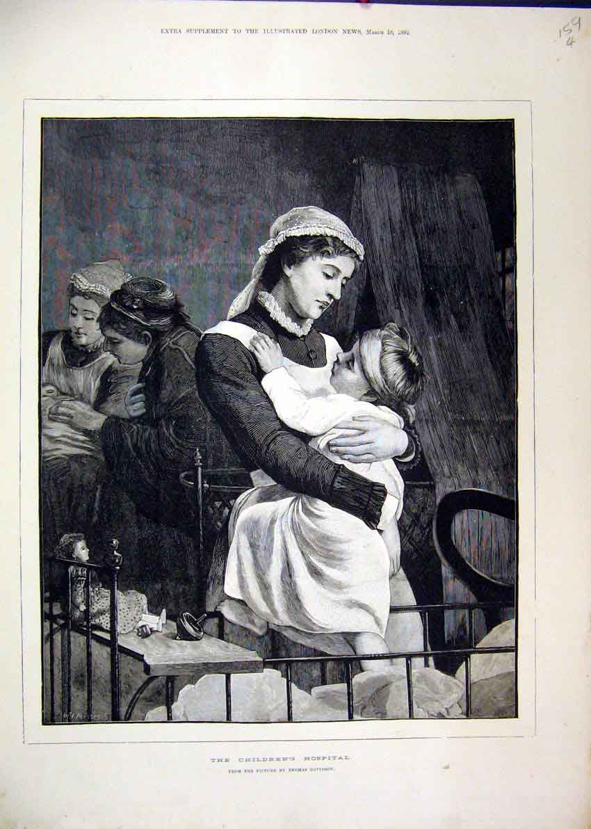 Original Old Antique Print 1882 Childrens Hospital Nurse Carrying Baby Victorian