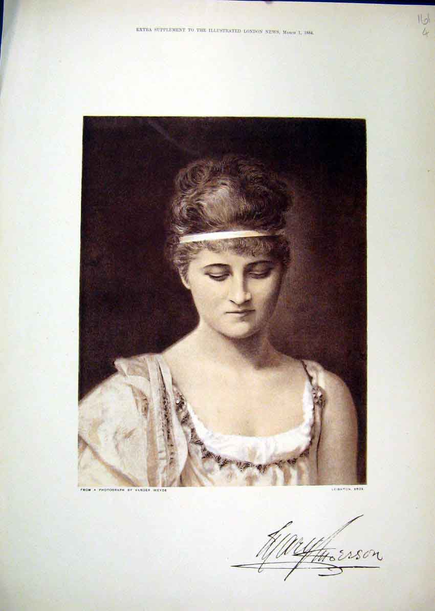 Original Old Antique Print 1884 Portrait Beautiful Woman Sepia Vander Weyde 19th