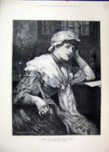 Original Old Antique Print Beautiful Woman Considering Cap 1883 Writing Letter
