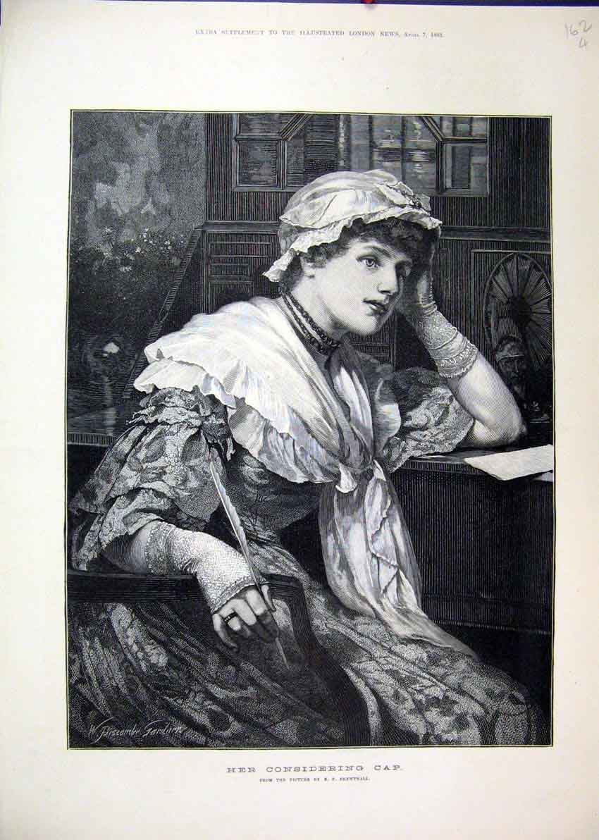 Original Old Antique Print Beautiful Woman Considering Cap 1883 Writing Letter