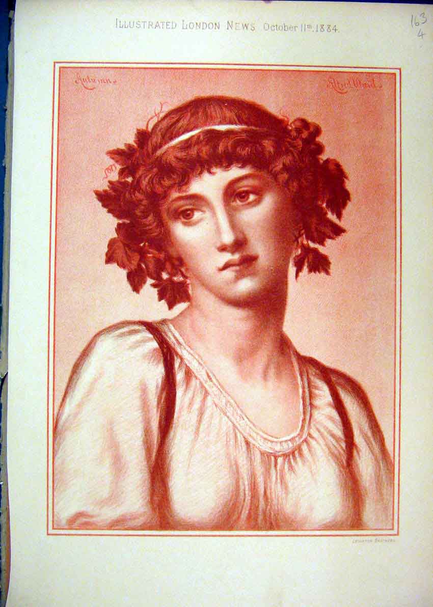 Original Old Antique Print 1884 Colour Beautiful Woman Leighton Brothers 19th