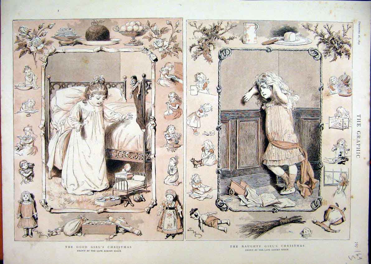 Original Old Antique Print 1891 Good Girls Christmas Bad Scene Happy Sad Sepia