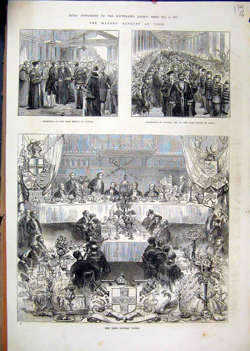 Original Old Antique Print 1873 Mayors Banquet York Table Procession Reception