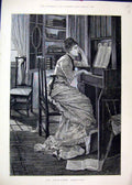 Original Old Antique Print 1881 Time Melody Woman Piano Music Fine Art Victorian