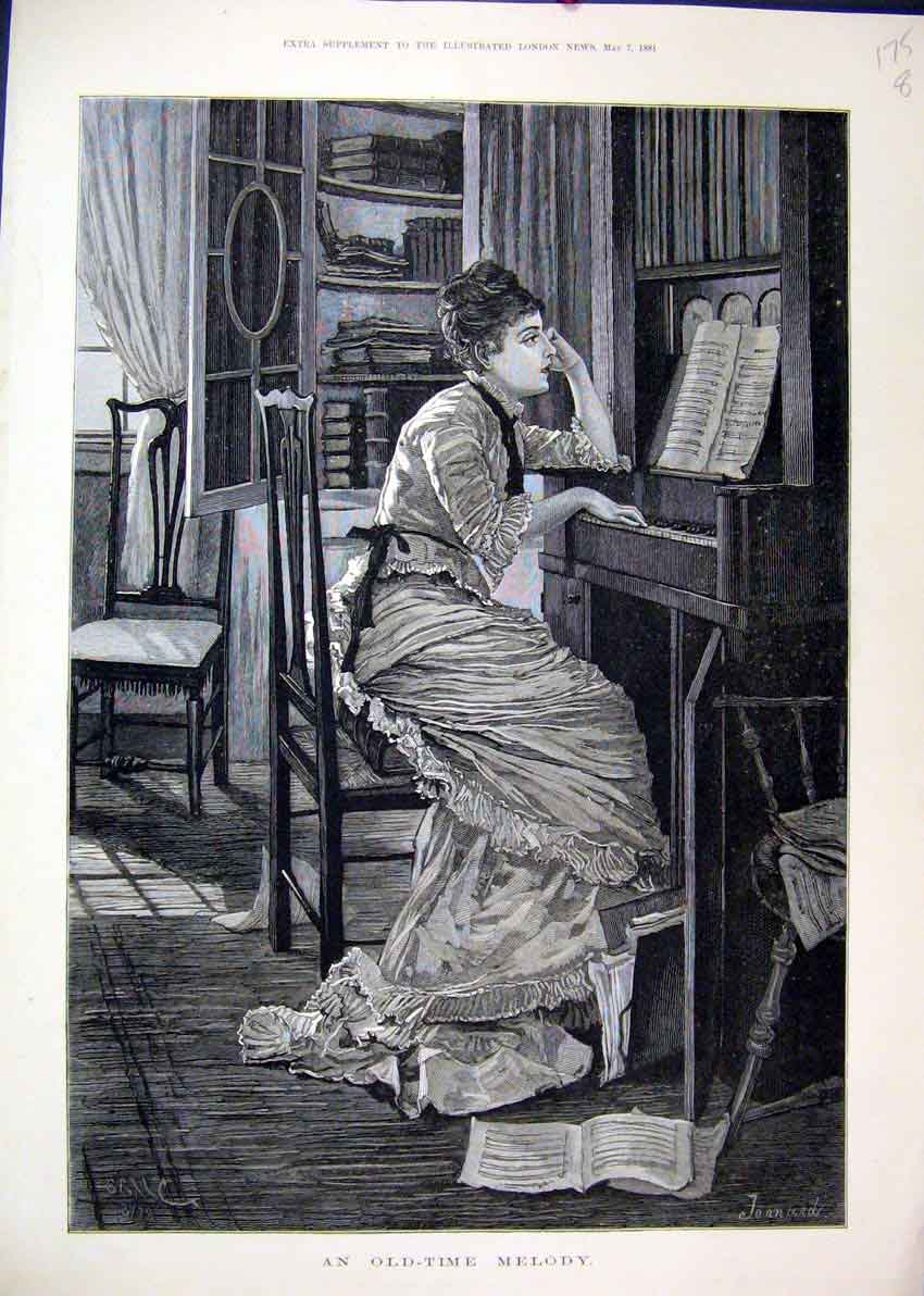 Original Old Antique Print 1881 Time Melody Woman Piano Music Fine Art Victorian