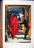 Original Old Antique Print 1857 Colour Mysterious Man Inn Keeper Red Cloak 19th