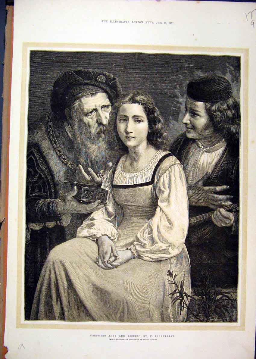 Original Old Antique Print 1872 Woman Men Romance Between Love Riches Victorian