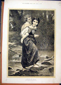 Old Antique Print 1872 Woman Liitle Girl Crossing River Barefoot Country 19th