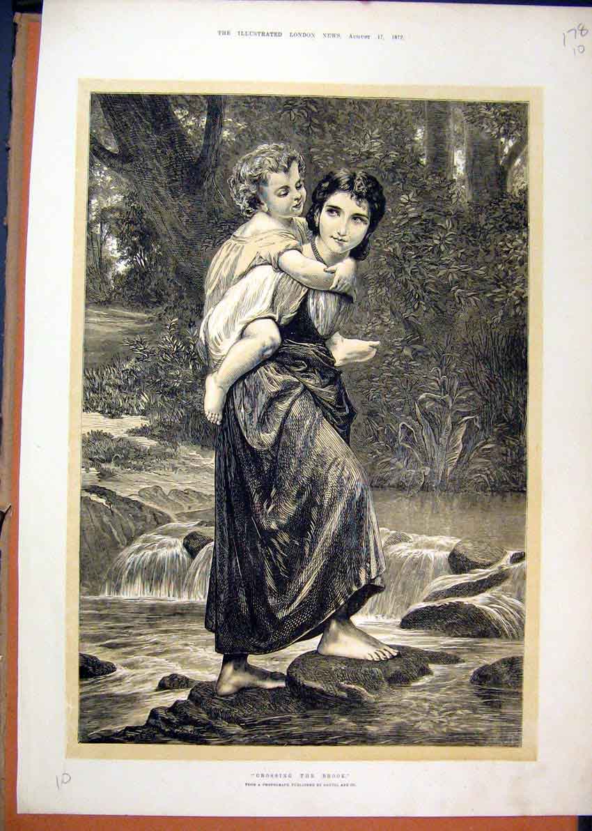 Old Antique Print 1872 Woman Liitle Girl Crossing River Barefoot Country 19th